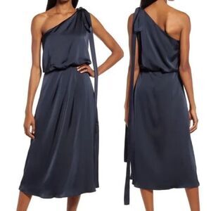 NWOT Amy Lynn Navy Blue One Shoulder Tie Shoulder Sleeveless Midi Dress Size S